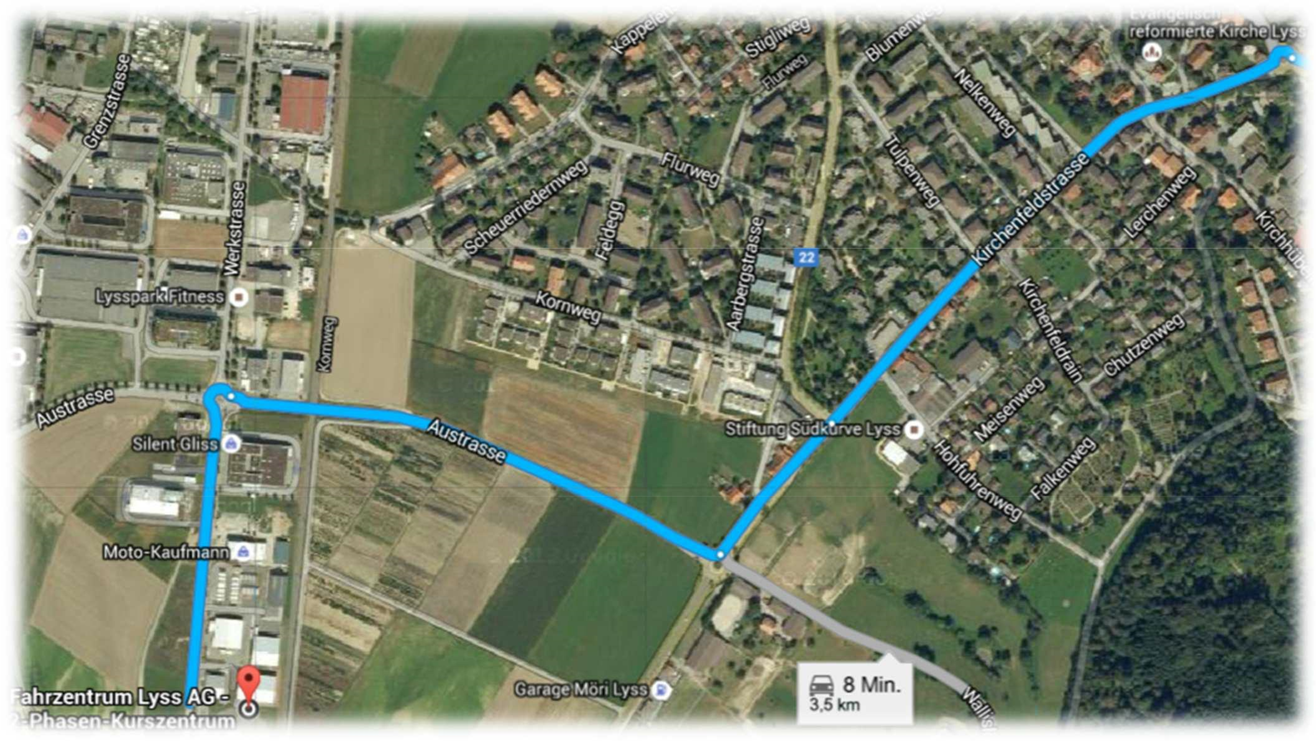 Anfahrt aus Lyss vie Krichenfeldstrasse zum Fahrzentrum Lyss